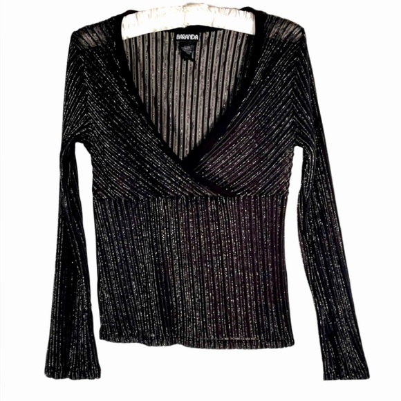 Baranda Black and Silver Faux Wrap Dress Shirt. Long Sleeve Stretchy. Size XL - Picture 12 of 12